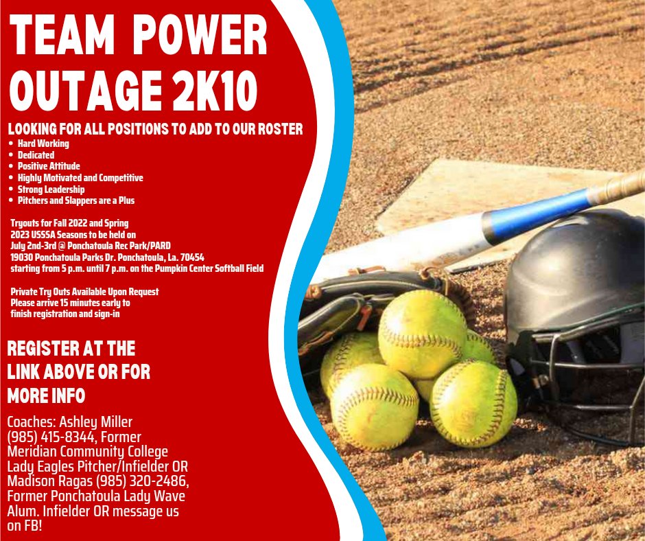 TeamPowerOutage's tweet photo. Come on out and join us! #fastpitch #softball
#travelball #COMPETE
#girls #tryouts #girlgotgame #USSSA #Louisiana
#LouisianaSoftball

https://t.co/LPw7qCzeYG https://t.co/lGhVQtxF87