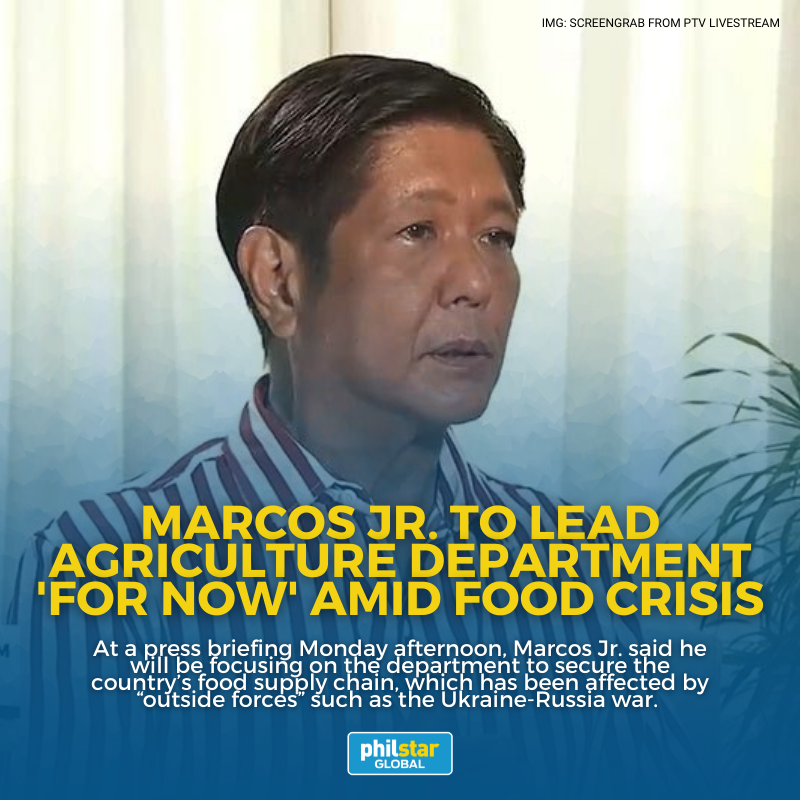 PhilstarNews's tweet photo. MARCOS JR. TO LEAD DA “FOR NOW"

TOP STORY: President-elect Ferdinand Marcos Jr. said he is taking on the helm of the Department of Agriculture “for now” because “the problem is severe enough” given the rising costs of commodities in recent weeks.

READ: https://t.co/qqbGbGxkj2 https://t.co/McQkKNKUIT