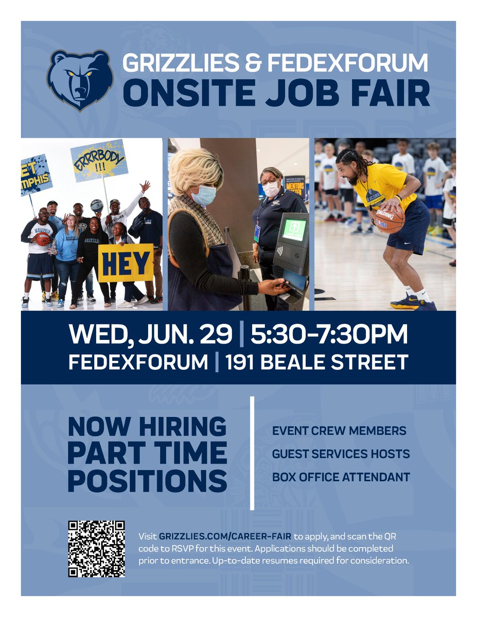 AJC_GMemphis's tweet photo. Want to work for the @memgrizz or the @FedExForum? Come to the job fair on Wednesday, June 29. #ajcgreatermemphis #bridgingthegapthroughaccess #greatermemphis @MemphisChamber https://t.co/gVWytef1SS