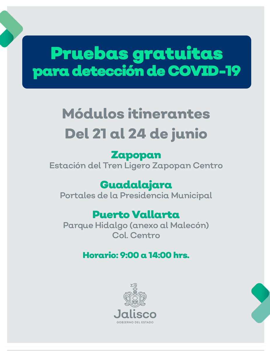 saludjalisco's tweet photo. Si presentas síntomas de enfermedad respiratoria y sospechas que están relacionadas con #COVID19, puedes acudir a los módulos itinerantes y realizarte una prueba de forma gratuita. https://t.co/nT5D5ILSOk