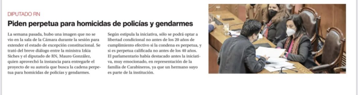 Hoy el diario <a href="/La_Segunda/">laSegunda</a> destaca nuestro proyecto de ley que está en manos de la ministra del Interior <a href="/izkia/">Izkia Siches Pastén</a> a quien le pedimos que lo revise, analice y que nos pueda dar señales para que pueda avanzar.