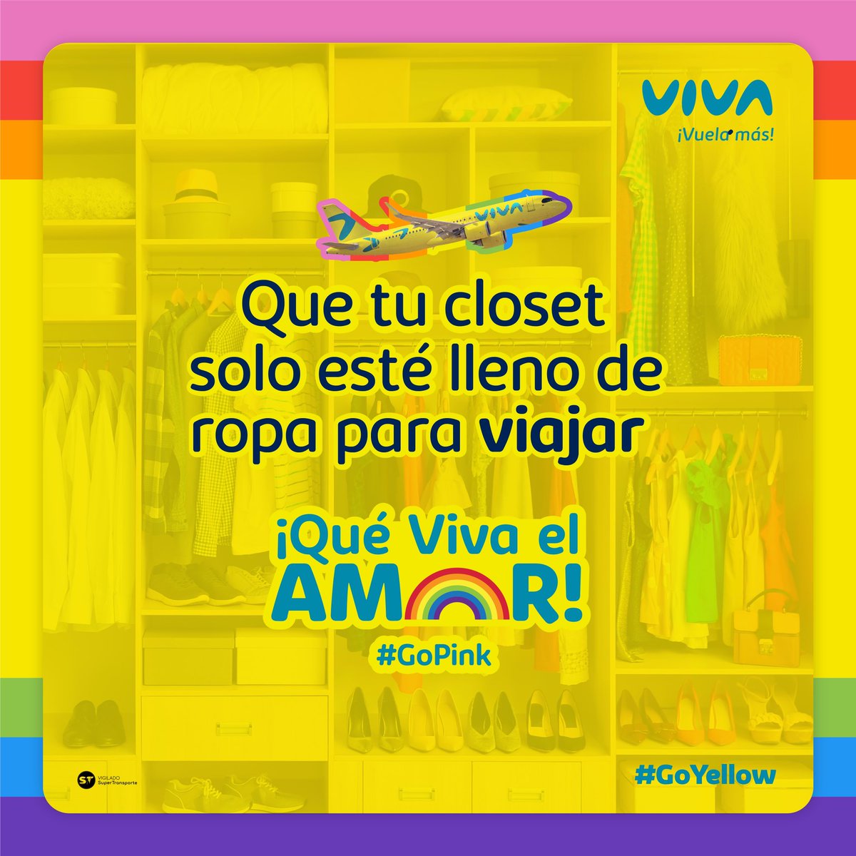 VivaAirCol's tweet photo. Aprovecha las últimas horas del lunes festivo para volar con nuestra #PromoPride y sacar del clóset esa ropa que te vas a llevar de paseo 🏳️‍🌈✈️🧳

Compra ya tus tiquetes en https://t.co/rx0KDuvCvQ 📲✌🏼

#VuelaMas #PrideViva #VenAVolarConViva https://t.co/s7ln1sU9H0