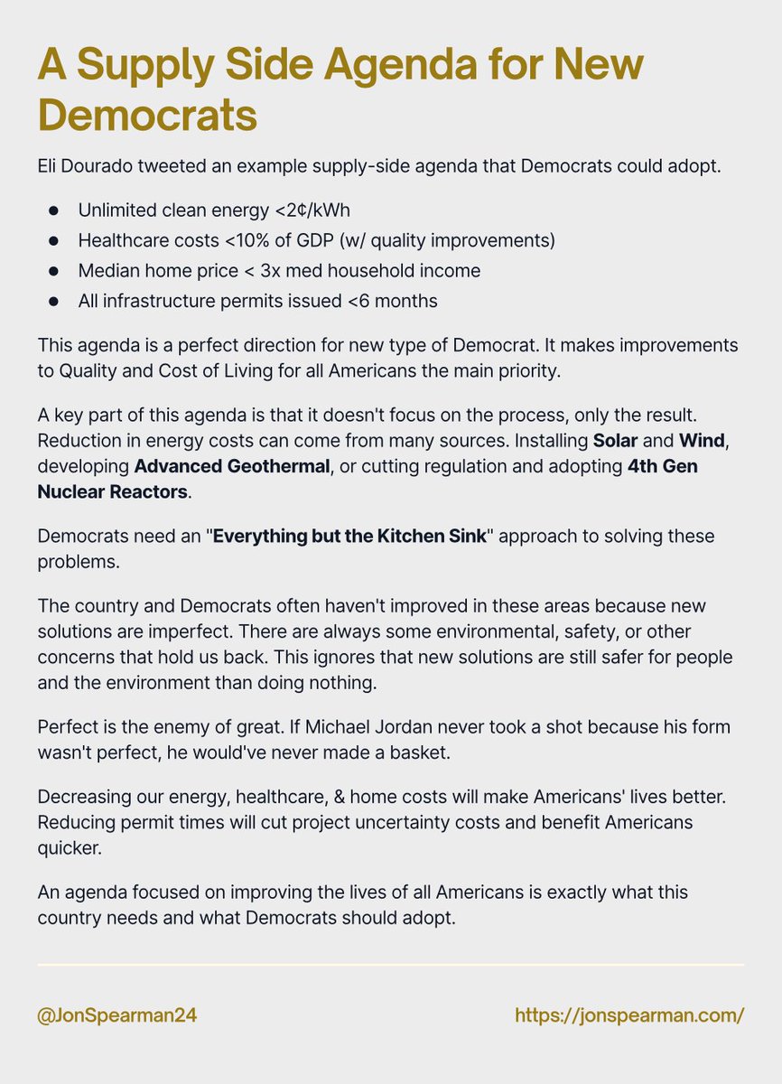 JonSpearman24's tweet image. Expanding some on @elidourado's idea for a Democrat Supply-Side Agenda