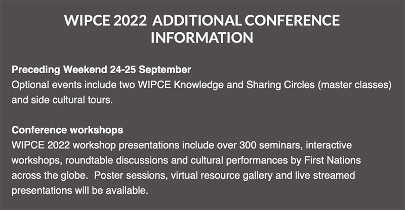 wipce2022's tweet photo. Onsite registration opens 8.30am Monday 26 September, opening ceremony at 1pm. Schedule outline below. https://t.co/8qj6M0rPqV Also look out for master classes and cultural tours. https://t.co/q3J4xJv5tx