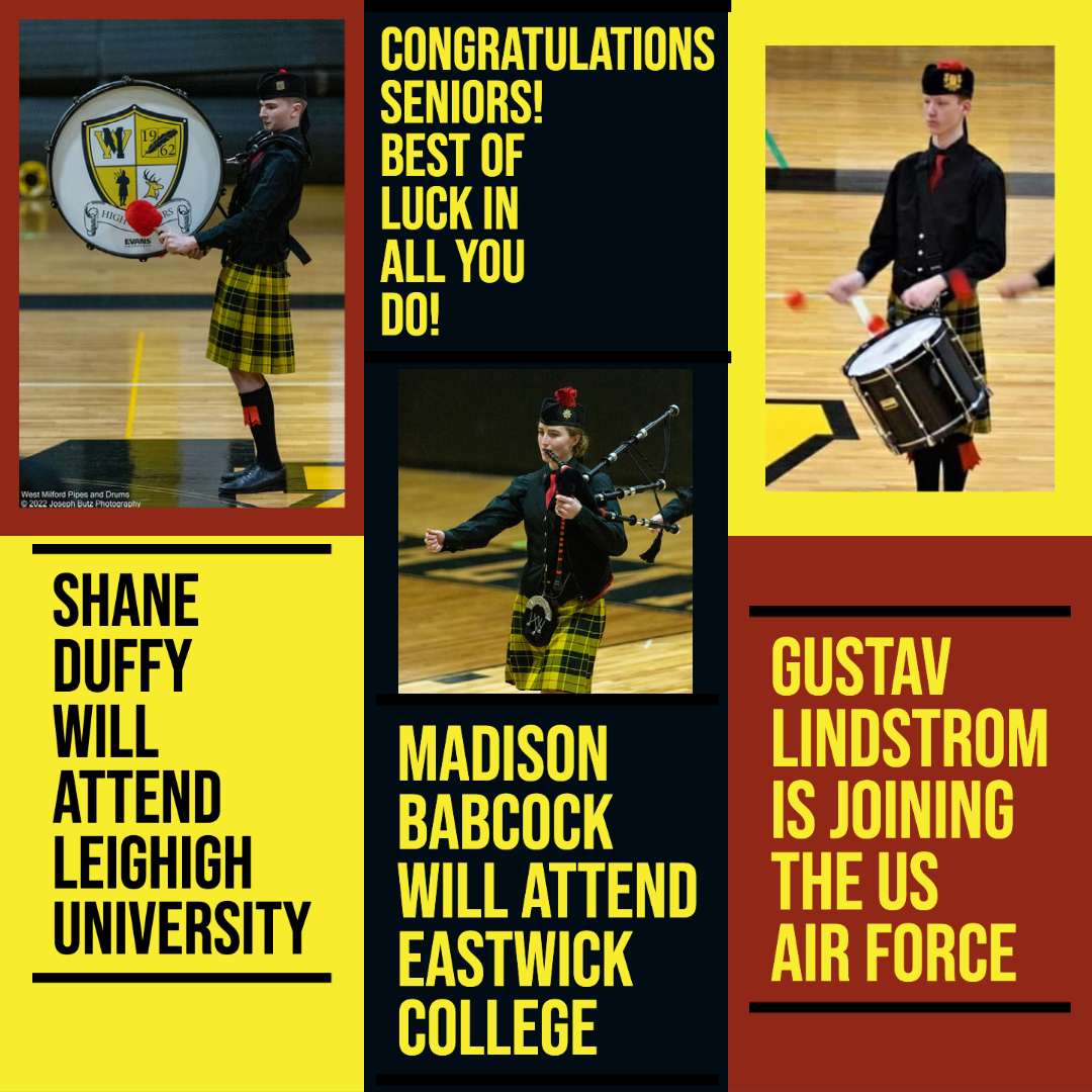 Best of luck to Madison, Shane, and Gus! Congratulations on your graduation. We wish you all the best as you embark on the next chapter in your lives. #hometownpride #highlanderpride #pipebandlife