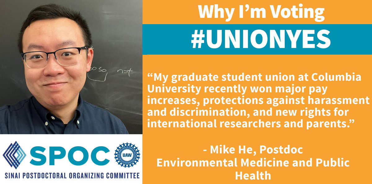 spocuaw's tweet photo. .@IcahnMountSinai #postdoc Mike He was a member of our sibling union @sw_columbia as a grad worker at @Columbia. Here's why he is voting #UnionYes https://t.co/gpx6NoGmGx
