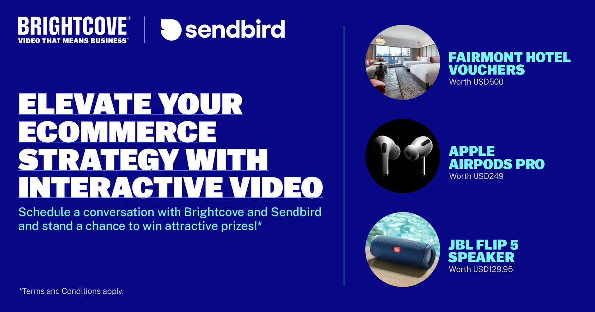 Brightcove's tweet photo. Want to learn more about interactive video and potentially win @FairmontHotels Vouchers? Find out how: https://t.co/wl8Bq5h9mm.
@SendBird #InteractiveVideo #GiveAwayAlert #EnterToWin #Brightcove #Sendbird https://t.co/Ly0317wMNp