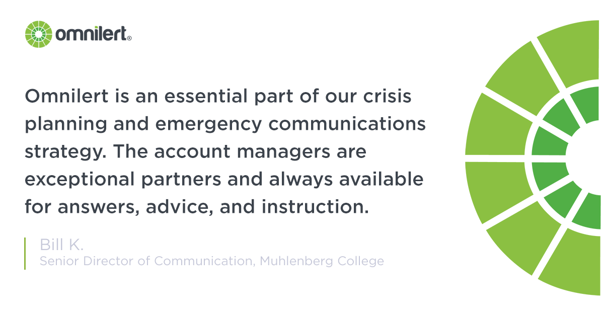 omnilert's tweet photo. Interested in partnering with Omnilert to enhance your #crisisplanning and #emergencycommunications strategy? Read what @Muhlenberg College had to say about working with our account managers to do just that. #MassNotifications #AI #ActiveShooter https://t.co/eph2BonD10