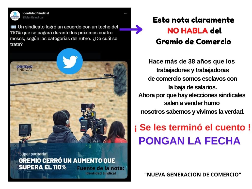 Hace más de 38 años que los 
trabajadores y trabajadoras
 de comercio somos esclavos con 
la baja de salarios.
Ahora por que hay elecciones sindicales 
salen a vender humo 
nosotros sabemos y vivimos la verdad.

¡ Se les terminó el cuento !

PONGAN LA FECHA
