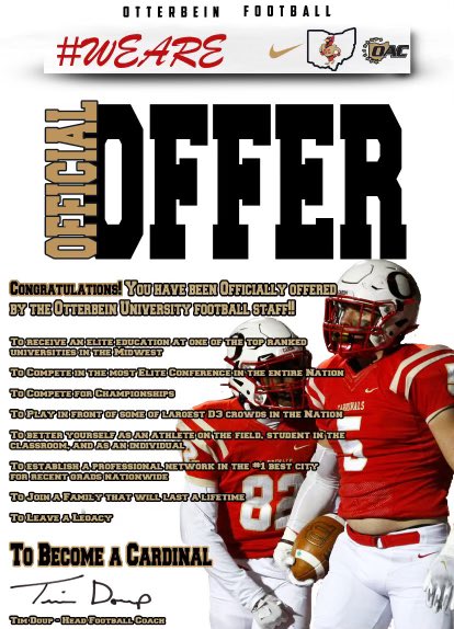 After a great Conversation with <a href="/CoachGeiger_/">Coach TG</a> I am blessed to say I have received an Offer from Otterbein University  <a href="/Coach_Huls/">Tyler Huls</a> <a href="/CoachTomBolden/">Tom Bolden</a> <a href="/CoachDanBolden/">@CoachDanBolden</a> <a href="/LakotaWestFB/">Lakota West Football</a>