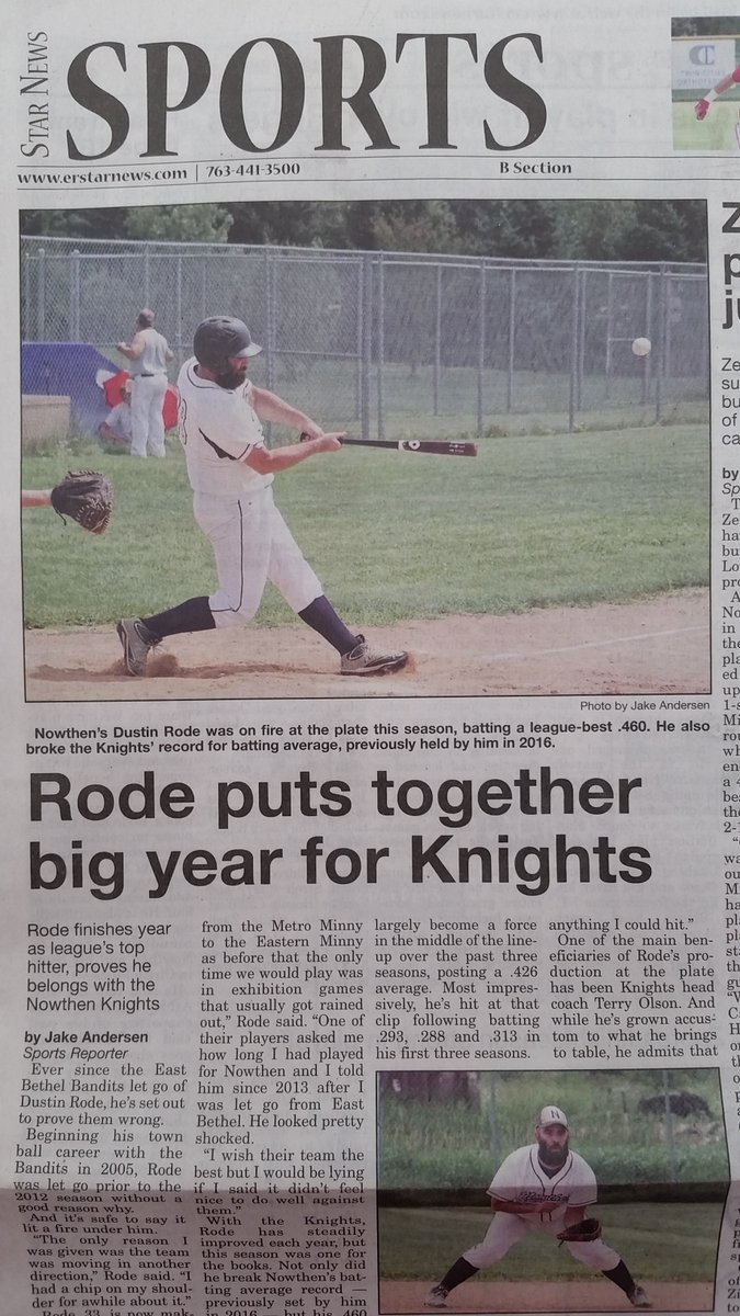 With his wife and three kids in attendance on Father's Day, Dustin Rode passed Jesse Grundstrom as the Nowthen Knights' all-time hits leader! 

In 10 seasons in Nowthen, Dustin has averaged north of .350, with three seasons over .400.

2018 <a href="/EasternMinny/">Eastern Minny League</a> batting champ at .460!