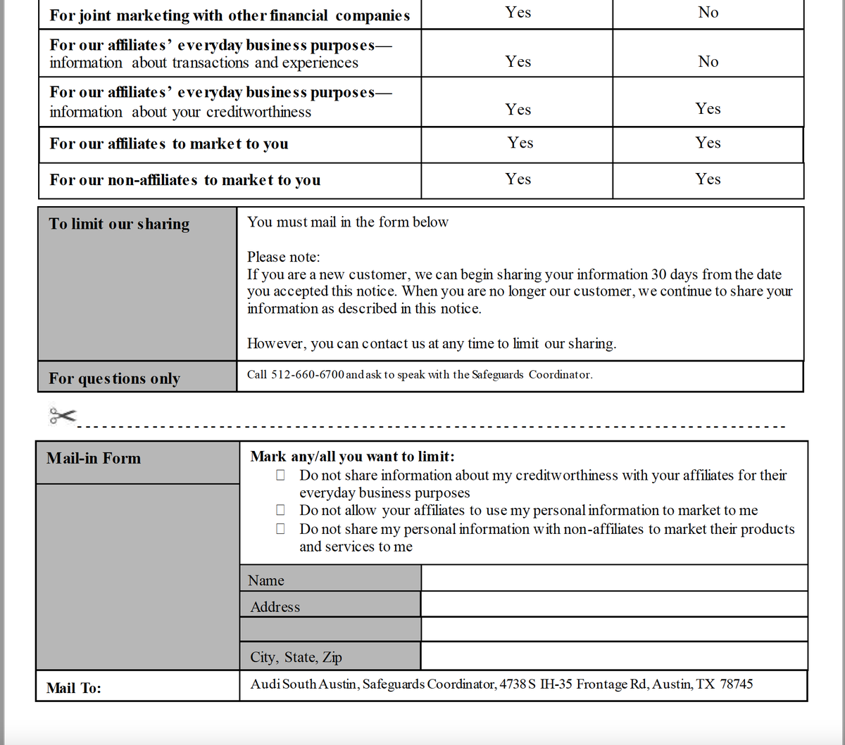 Why does <a href="/Audi/">Audi USA</a> / <a href="/AudiSouthAustin/">Audi South Austin</a> makes it hard to opt-out from sharing my private information with affiliates and non-affiliates to market to me?