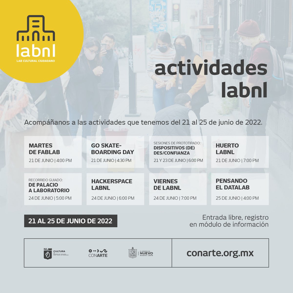 conartenl's tweet photo. Te invitamos a visitar LABNL y participar en las actividades que tendremos durante esta semana para todas y todos.
📍 LABNL
📅 21 al 25 de junio
👉🏼 Entrada libre a todas las actividades, registro en módulo de información
Llegó el momento de encontrarnos
#LABNL #ExperimentaLABNL https://t.co/NrJ5Zi0TE5