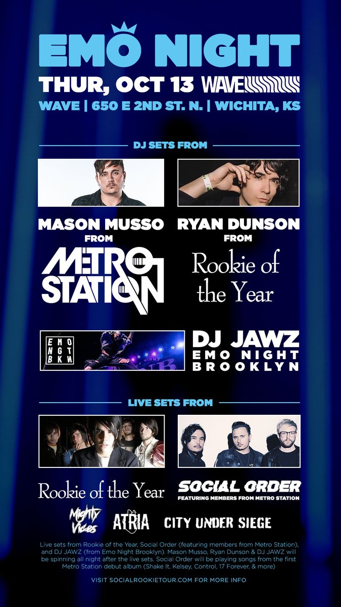 _SocialOrder's tweet photo. Excited to announce our show at the @WaveWichita on Thur, Oct 13th w/ @RookieOfTheYear @mighty_vices @atriabandus @CUSRock // @TheMasonMusso + @ryanrookie + @DJ_Jawz will spinning all the EMO NIGHT faves after the live sets.  Visit https://t.co/n3k64kqFFJ for more info

⁣ https://t.co/vX1tlWOGEc