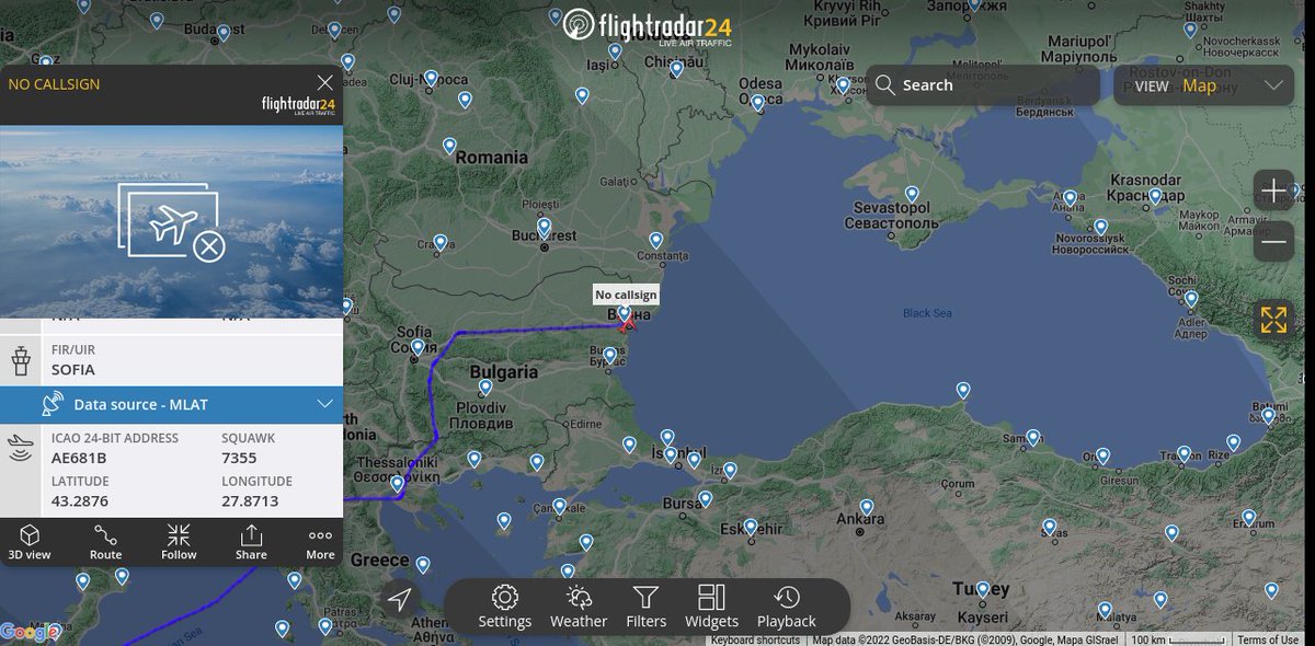 TheIntelFrog's tweet photo. P-8A Poseidon #AE681B is up from NAS Sigonella, Italy along the west coast of the Black Sea as dawn is breaking over Ukraine.

The P-8s have hugged the coastline, but at FL310, his range is nearly 350km into the Black Sea. https://t.co/cNxviskv9V