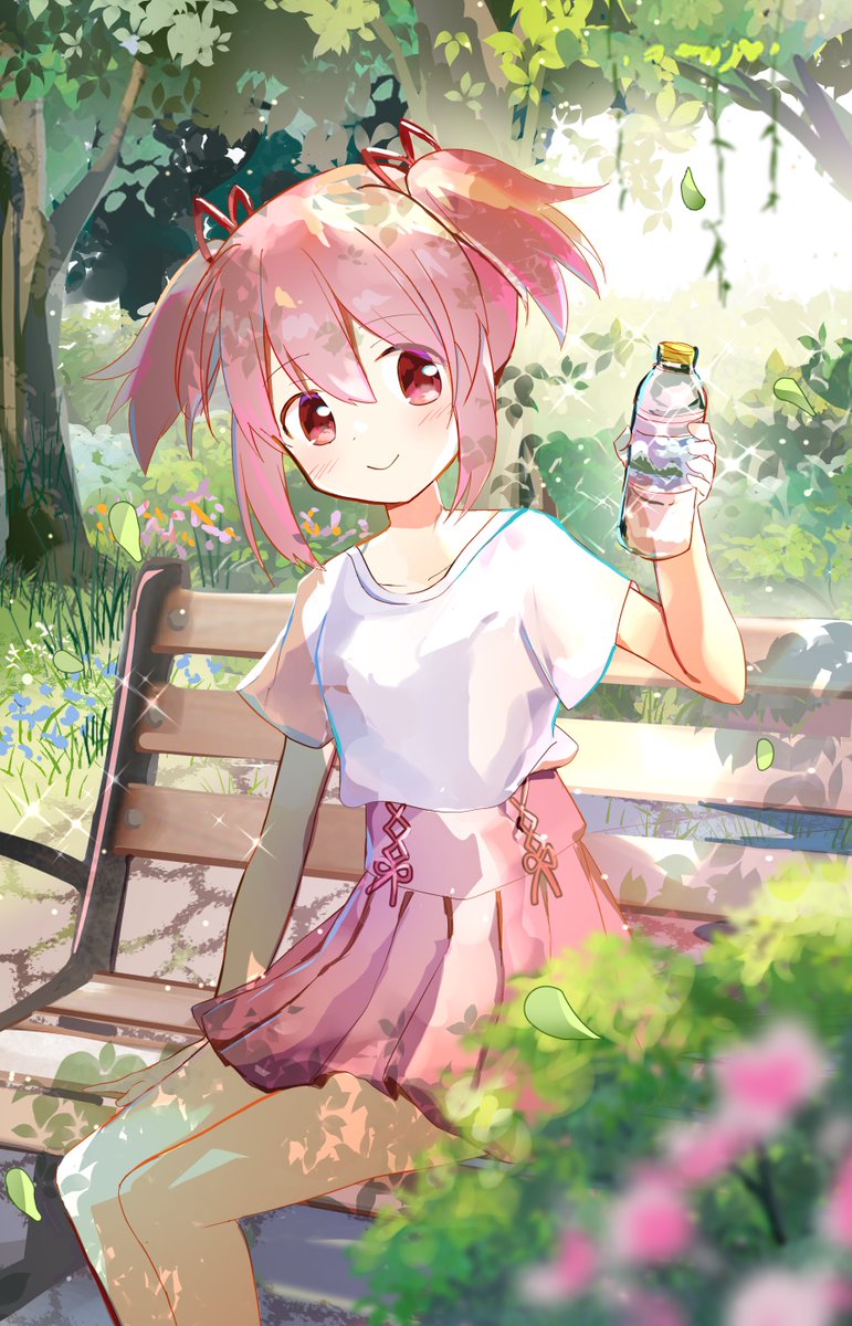 kaname madoka 1girl solo skirt dot nose pink hair leaf bench  illustration images