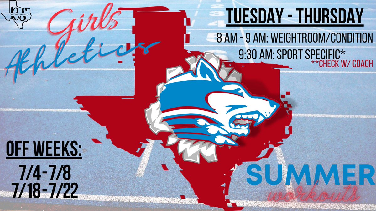 Summer workouts + Open Gym! See you @ 8 am-turf field. Bring a friend! Open gym is only Tues &amp; Wed this week