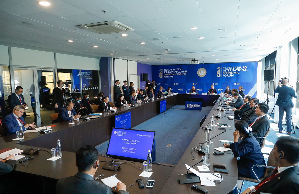 JusticeMyanmar's tweet photo. #Myanmar military junta’s sanctioned investment minister spoke at #SPIEF in #Russia, proposing an #EAEU-#ASEAN FTA that will help Russian regime &amp; junta bypass sanctions. 

ASEAN complicity is deepening, legitimising junta + enabling biz ties that will finance its int'l crimes. https://t.co/XrfjLnbj45