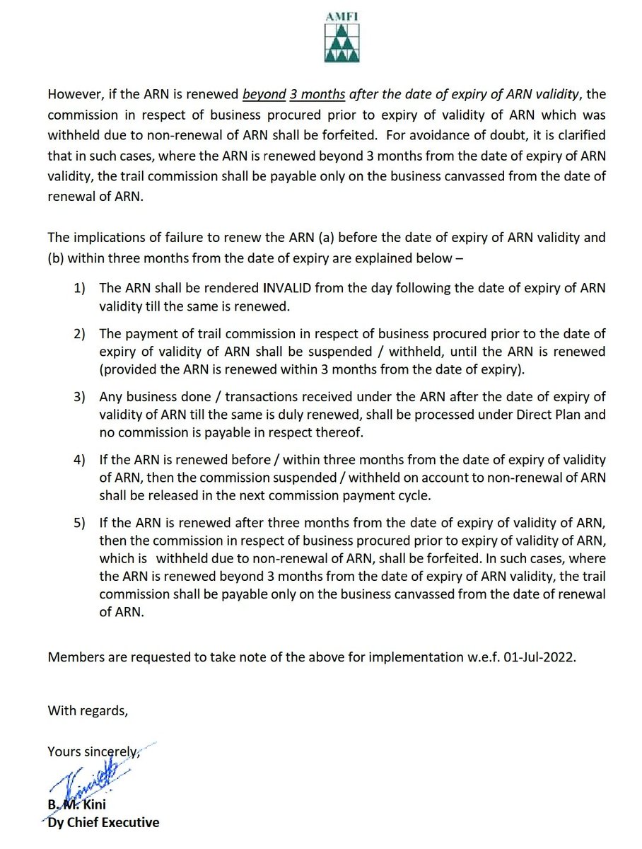 DrGandhiPrynshu's tweet image. Grace period for ARN renewal which was 6 months previously has now been reduced to 3 months effective 1st July 2022. @AmolPlanRupee @invest_mutual @moneyworks4u_fa  @NagpalManoj #MFDCommunity #ARN #MutualFundsSahiHai