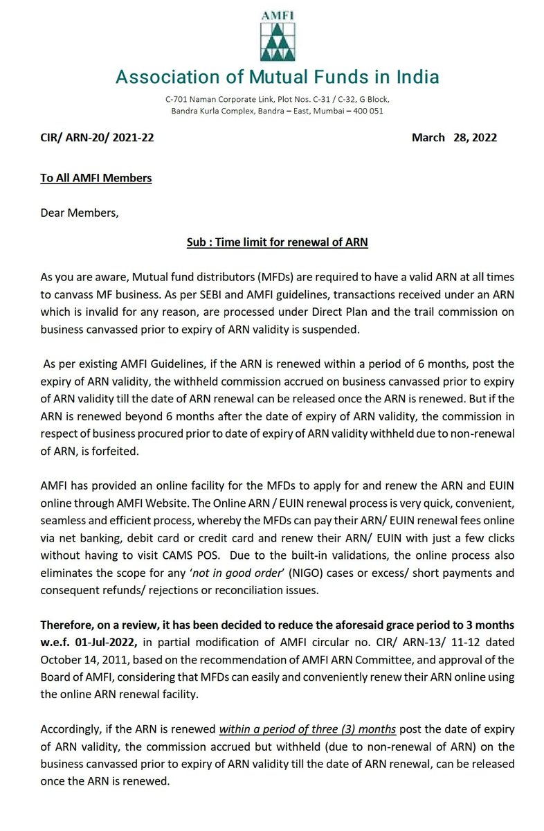 DrGandhiPrynshu's tweet image. Grace period for ARN renewal which was 6 months previously has now been reduced to 3 months effective 1st July 2022. @AmolPlanRupee @invest_mutual @moneyworks4u_fa  @NagpalManoj #MFDCommunity #ARN #MutualFundsSahiHai