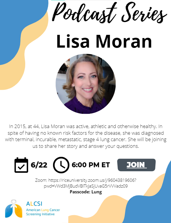 AmLungCSI's tweet photo. ALCSI has three podcasts in the coming week with lung cancer survivors Lisa Moran, Katja Broddesson, and Donna Hunting! They will be sharing their lung cancer journey and answering questions from the audience! Please join us! The flyers below include their bios and Zoom links. https://t.co/0N3nXxp7wI