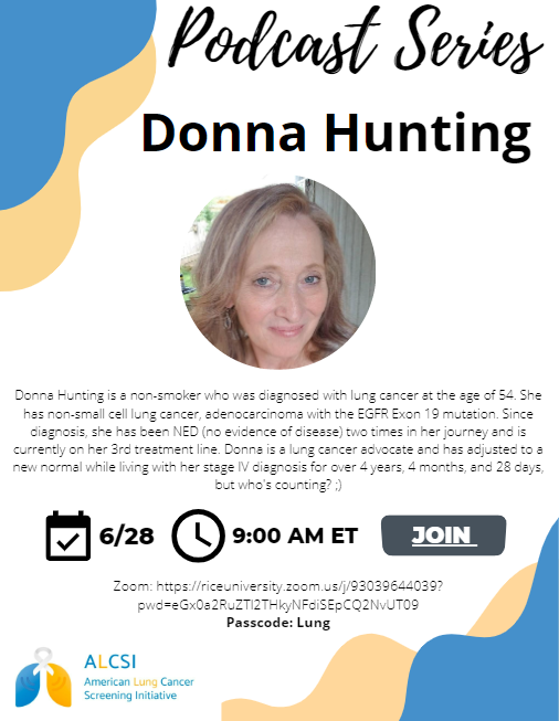 AmLungCSI's tweet photo. ALCSI has three podcasts in the coming week with lung cancer survivors Lisa Moran, Katja Broddesson, and Donna Hunting! They will be sharing their lung cancer journey and answering questions from the audience! Please join us! The flyers below include their bios and Zoom links. https://t.co/0N3nXxp7wI