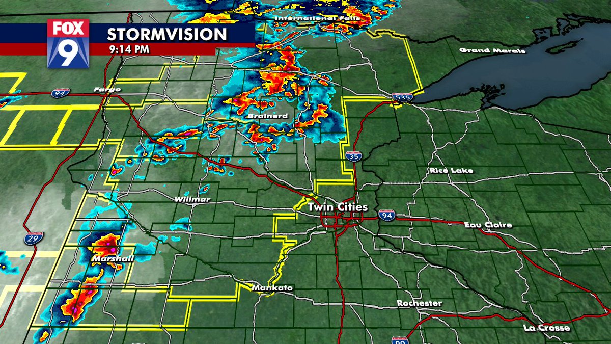 AlexLCBS4's tweet photo. A little more detailed look at the areas under the Severe Thunderstorm Watch. Strong to severe storms already developing in Western and NW Minnesota tonight, and will continue tracking NE. There is a chance some of these storms can reach the metro late tonight. #stayskyaware https://t.co/wE0nCVSJR0