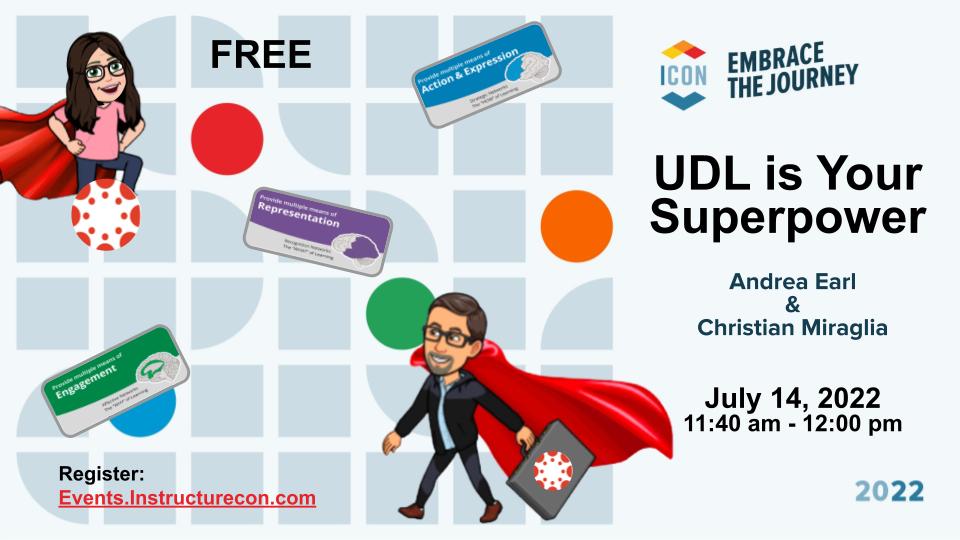 #Instructurecon22 is coming! Join <a href="/T4edtech/">Chris Miraglia</a> and me as we talk about #Canvaslms and UDL - register at events.instructurecon.com <a href="/sausdtips/">SAUSD TIPS</a> <a href="/JerryAlmendarez/">Jerry Almendarez</a> #canvasfam