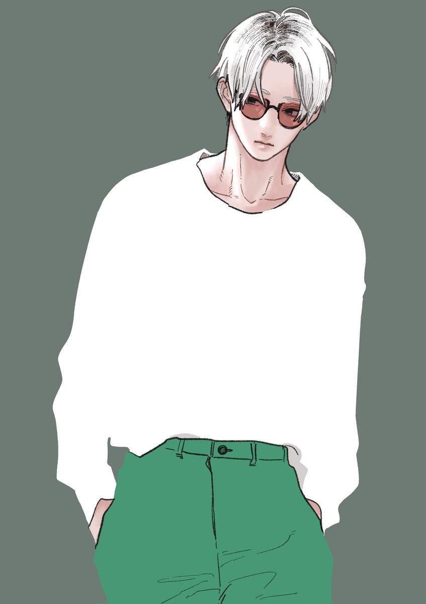 solo male focus 1boy green pants pants white hair simple background  illustration images
