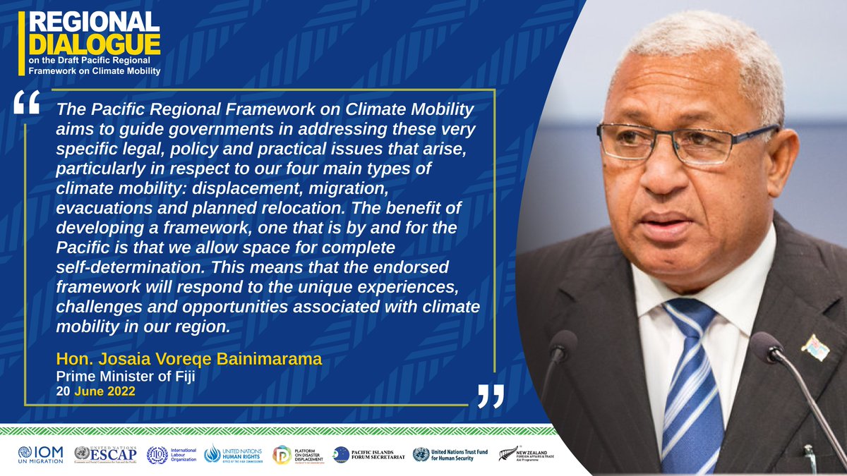 pccmhs's tweet photo. Hon. Prime Minister of #Fiji 🇫🇯, Josaia Voreqe Bainimarama, makes a powerful opening statement to CSOs and non-state actor participants at #PCCMHS Regional #ClimateMobilityDialogue2022 on the importance of a regional climate mobility framework. https://t.co/Dp8gEp0kWn