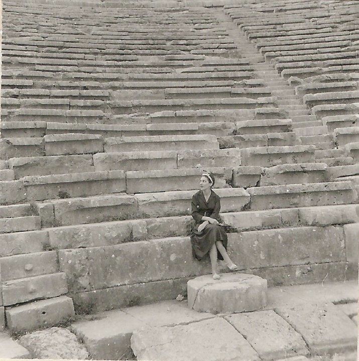 Maria Callas sits on the ancient Theater of Delphi in 1959. Perhaps hearing Medea's poignant words echoing among the stones: "My passion for you was greater than my wisdom"