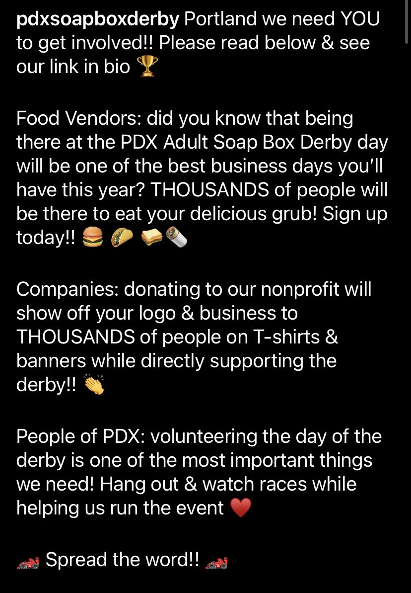 PDXSoapboxDerby's tweet photo. Portland we need YOU!! Please read our message &amp; head to our link in bio for more info &amp; get involved! #pdxsoapboxderby 🏎🏆✨ https://t.co/tqBk0l26VP