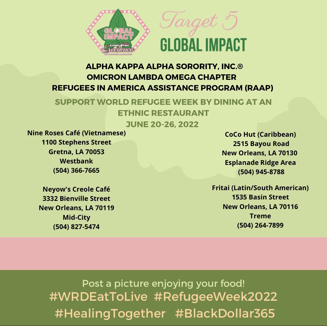 Refugee Week is back in person for 2022.  As we Celebrate the contributions, resilience and history of those who have sought sanctuary.  Food says we are welcome!  Experience dishes from different cultures as part of a Refugee Week Event.  #OLQEatToLive #AKA1908