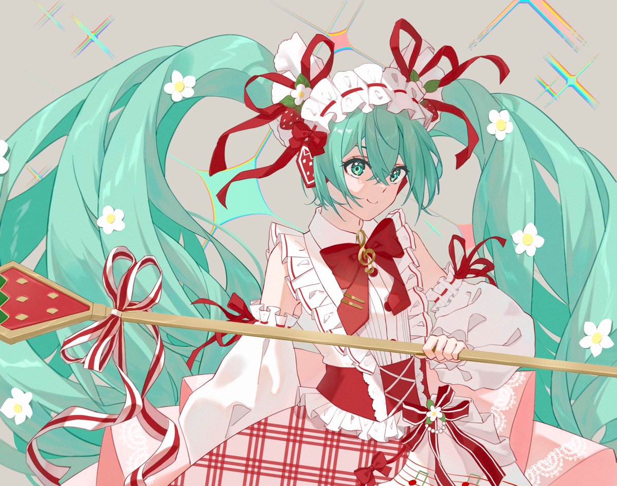 hatsune miku 1girl solo detached sleeves twintails long hair flower ribbon  illustration images