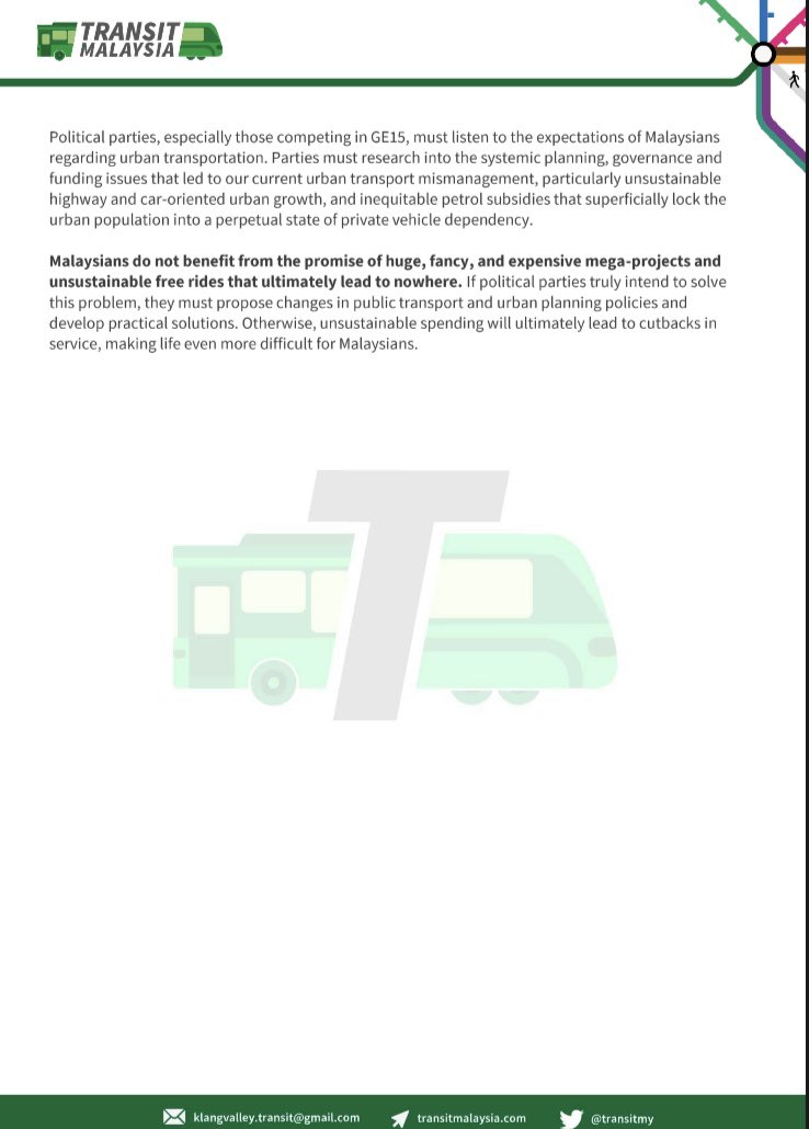 transitmalaysia's tweet photo. "Free fares won't fix issues with Klang Valley public transport" 
TRANSIT Malaysia official statement, 21/6/22

"Klang Valley citizens are not looking for free rides. They are looking for user-friendly, convenient, frequent, and highly accessible public transport." https://t.co/pErCWftwsk