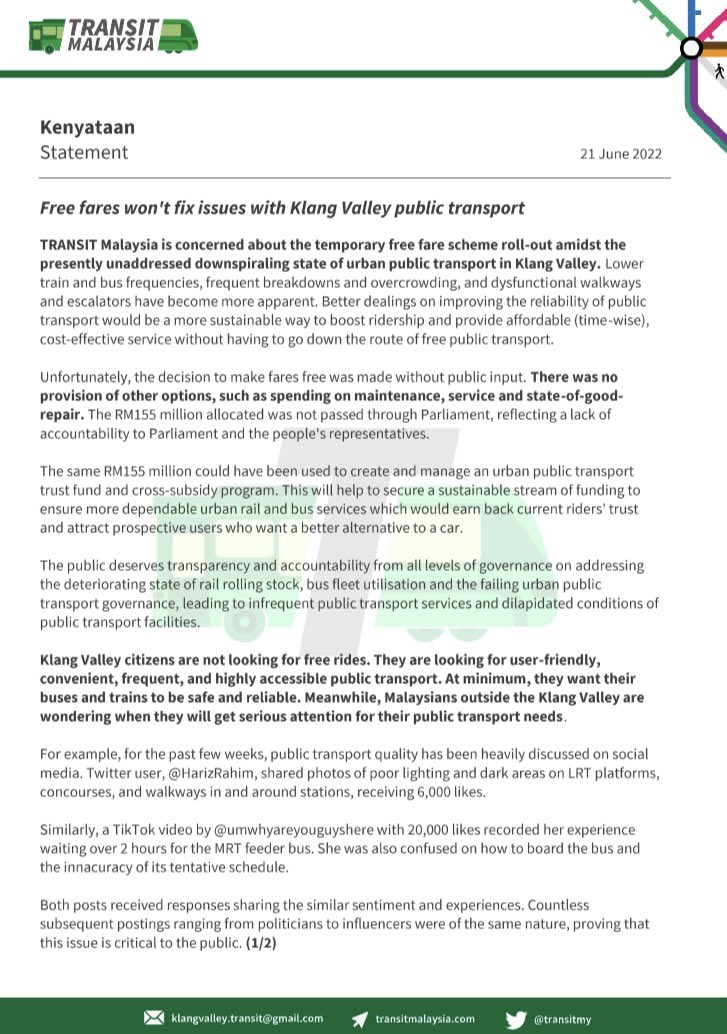 transitmalaysia's tweet photo. "Free fares won't fix issues with Klang Valley public transport" 
TRANSIT Malaysia official statement, 21/6/22

"Klang Valley citizens are not looking for free rides. They are looking for user-friendly, convenient, frequent, and highly accessible public transport." https://t.co/pErCWftwsk