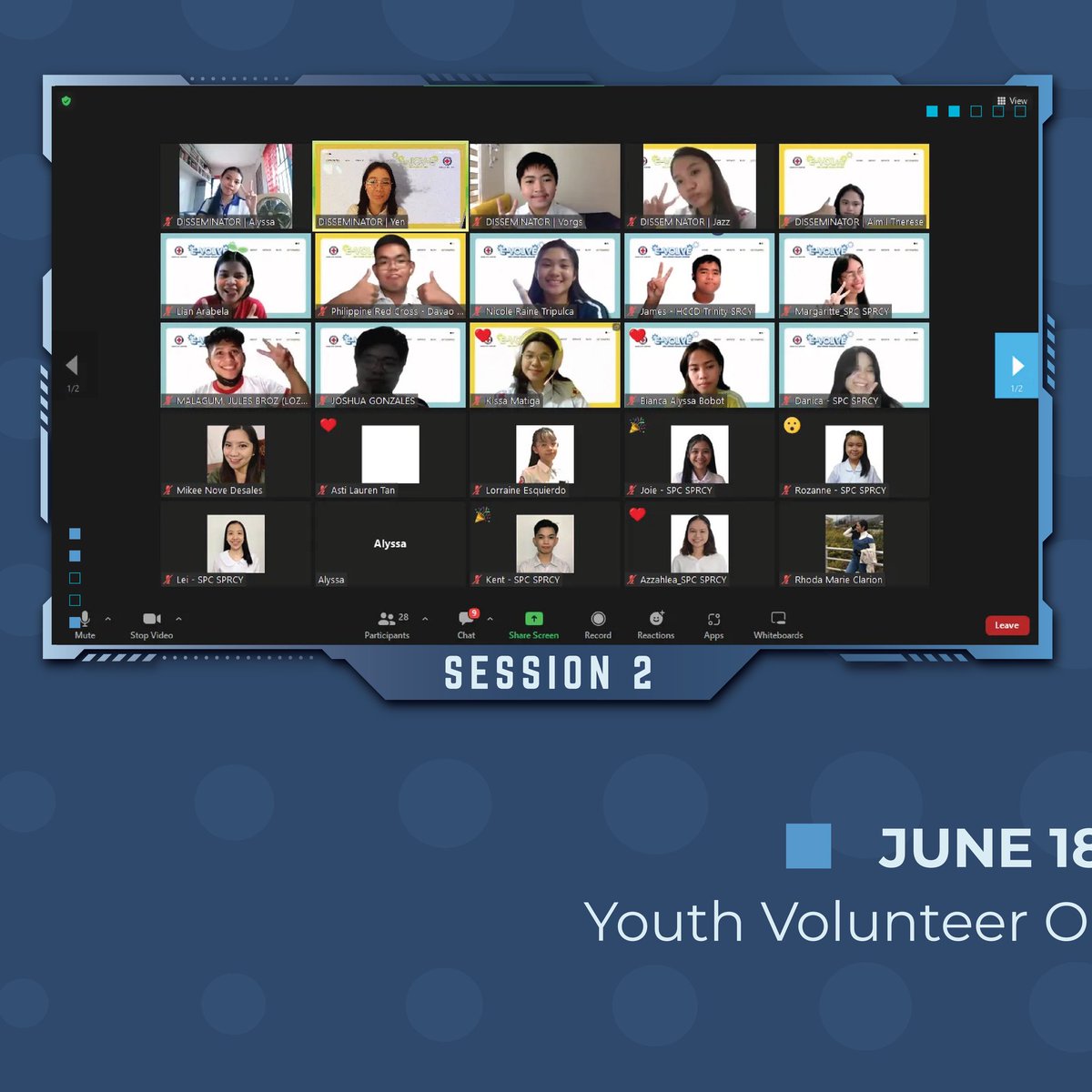 RcyDavao's tweet photo. ✅ 𝗠𝗢𝗗𝗨𝗟𝗘 𝟭, 𝗗𝗢𝗡𝗘!

The Davao City Red Cross Youth (DC-RCY) Program concluded its first segment of the 𝗘-𝗩𝗢𝗟𝘃𝗲: 𝗥𝗲𝗱 𝗖𝗿𝗼𝘀𝘀 𝗖𝗿𝗮𝘀𝗵 𝗖𝗼𝘂𝗿𝘀𝗲 — the Youth Volunteer Orientation Module (YVOM), June 18-19, via Zoom.

#BIDAbawenyongRCY #RCYEvolve https://t.co/QQOiSMs4mo