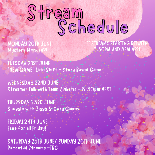 TheZiggyEffect's tweet photo. So apparently I didn't share this when I put it together... so here is this weeks schedule friends! Tonight we play a new game! AND dont forget Wednesday nights with #teamzigkatis !! #smallstreamer #SmallStreamersConnect #twitchstreamer #twitchaffiliate https://t.co/l47Bk9c1aa