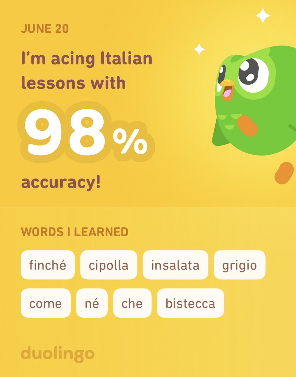 CByrdine's tweet photo. I’m learning Italian on Duolingo! It’s free, fun, and effective. https://t.co/MxP9PtgMFU