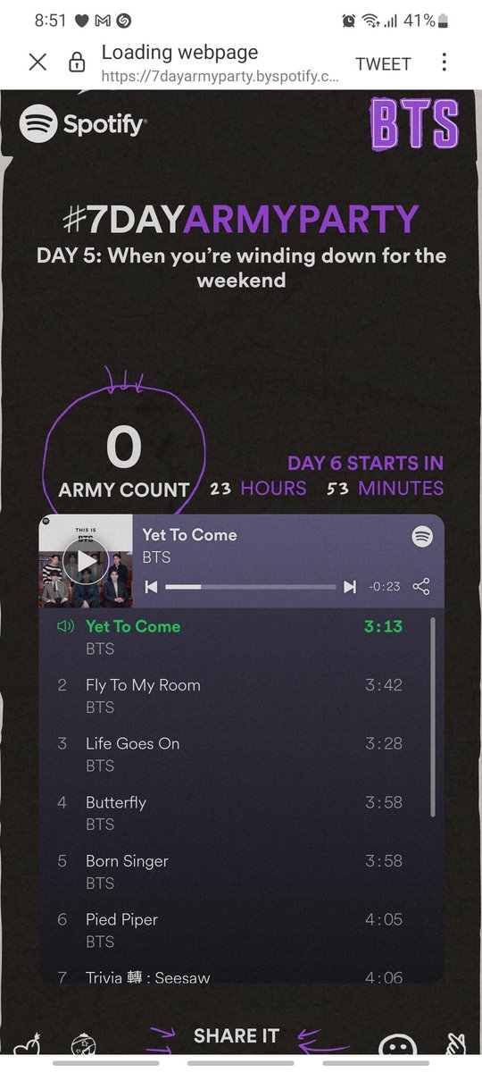 Is this a glitch? #BTSARMY, where you at?

Let's celebrate #YetToCome #BTS_Proof wins! Join #SpotifyARMYDay5 at 7dayarmyparty.byspotify.com 

#7DayARMYParty #SpotifyPurpleU #SpotifyxBTS