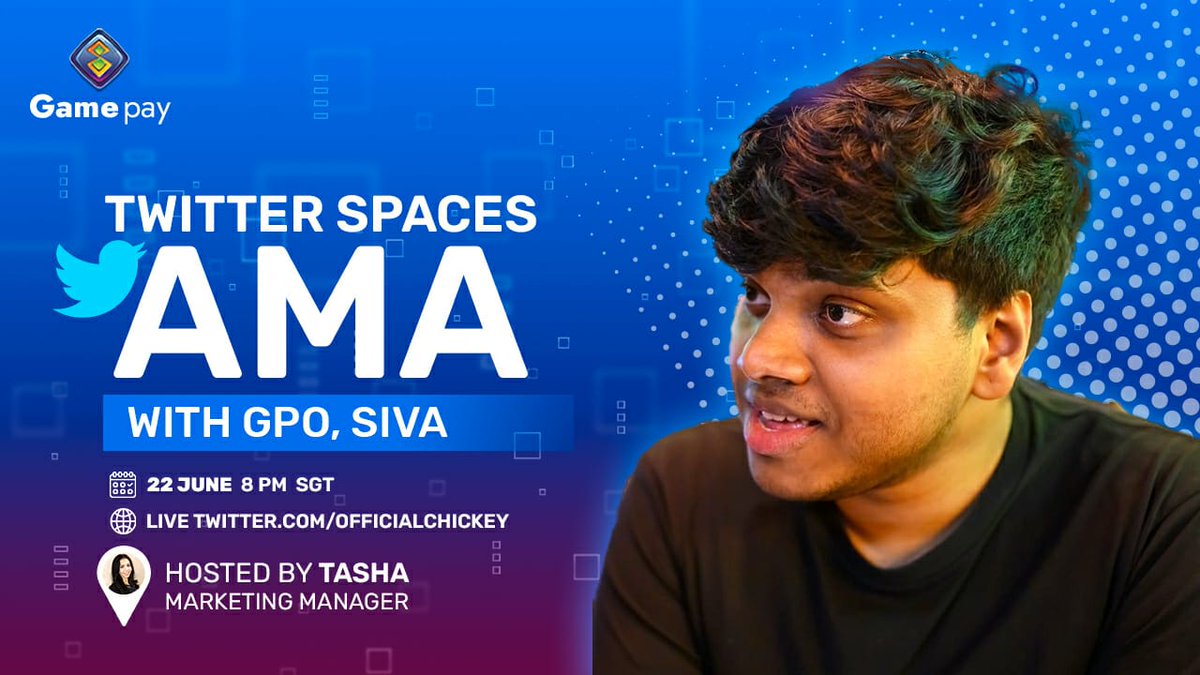 Gamepayofficial's tweet photo. 💪 Get ready for our #AMA session with Gamepay’s GPO @SivaGP01 and host @tashaannelopez 
🕒 22nd June @ 8 PM SGT
🌐 https://t.co/KLxo3RN94P

🚀 Tweet your questions related to our Gameplay with #GamepayAMA and tag us.

#AMA #NFT #NFTCommunity #NftGame #P2E  #Gamepay #ChickeyChik https://t.co/95ZEx1gl8e