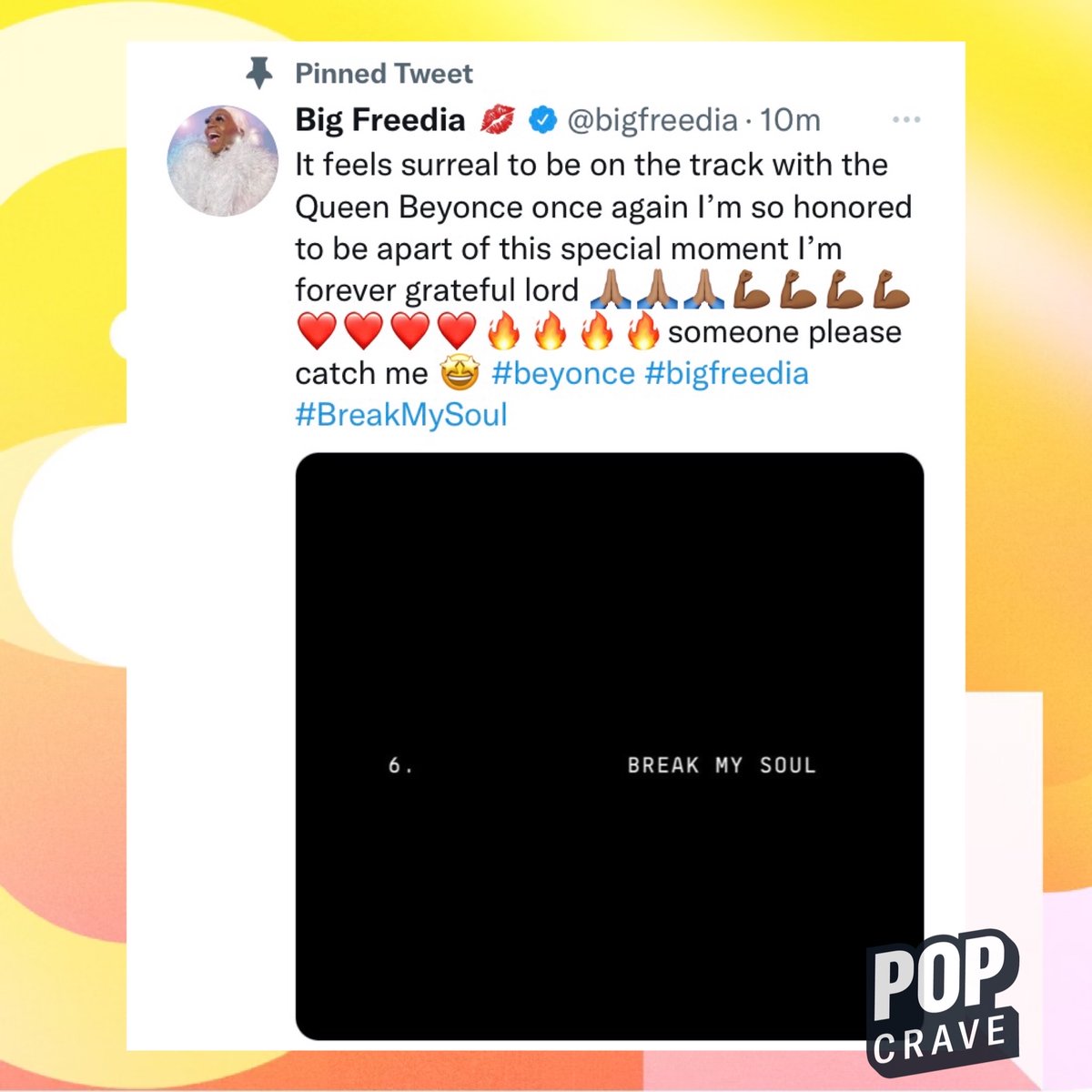 PopCrave's tweet photo. .@BigFreedia shares her appreciation for having her vocals featured on Beyoncé’s #BreakMySoul:

“I’m so honored to be apart of this special moment I’m forever grateful” https://t.co/yElkkKV44j