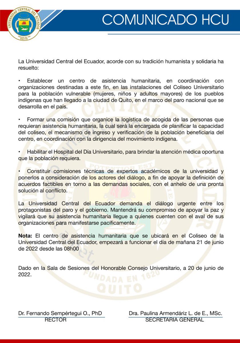 📜 #Comunicado sobre la apertura de <a href="/lacentralec/">Universidad Central del Ecuador</a> como centro de asistencia Humanitaria.