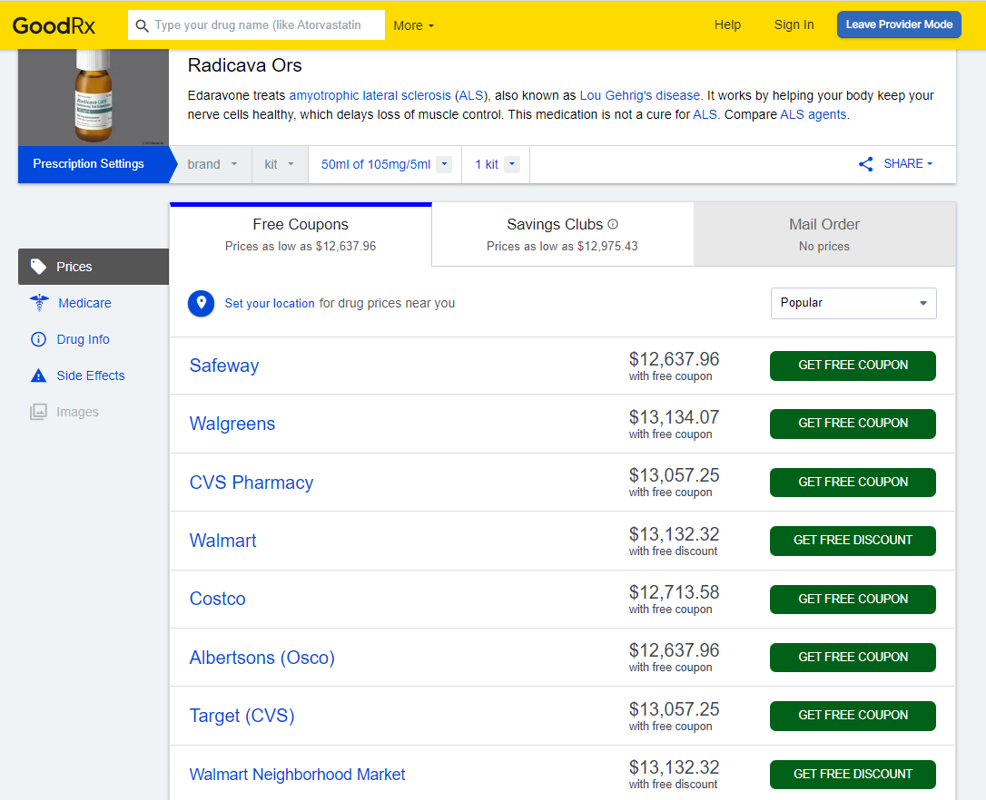 aVoice4ALS's tweet photo. These are @GoodRx prices for the new oral #Radicava aka #Edaravone for #ALS.
With insurance, some posting that their MONTHLY out of pocket cost will be $2200+. 😲
👇🏾REGISTER for Tuesday webinar at 2 pm ET to learn more from Mitsubishi Tanabe:
https://t.co/C1ph89cu8Z
#MND https://t.co/onyMKMc77s
