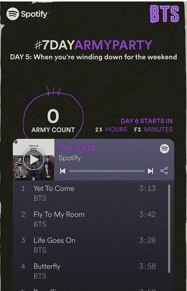 Today's setlist is 💜 A perfect day to slow down and chill. 

#SpotifyARMYDay5 
#SpotifyPurpleU
#SpotifyxBTS

🔗 7dayarmyparty.byspotify.com