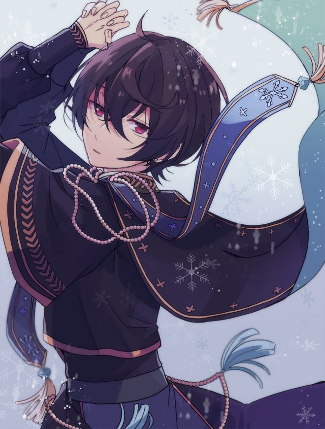 male focus 1boy solo snowflakes looking at viewer black hair long sleeves  illustration images