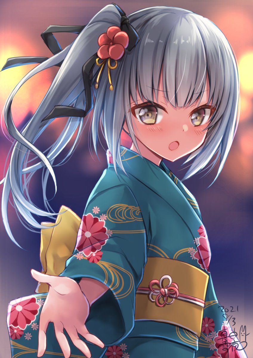 kasumi (kancolle) 1girl japanese clothes solo kimono side ponytail grey hair long hair  illustration images