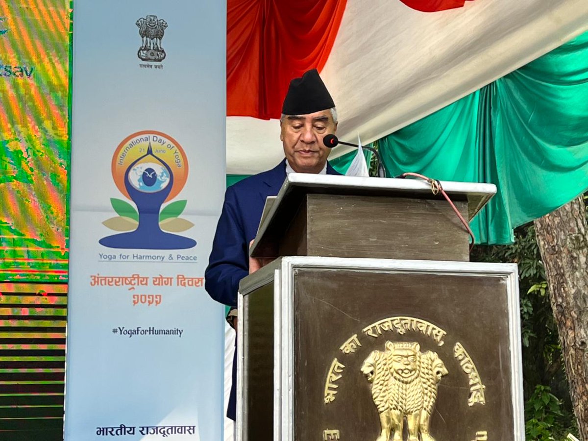 #InternationalDayofYoga2022 celebrated today in #Kathmandu in the august presence of Rt. Hon. PM @SherBDeuba highlighting the message of #YogaForHumanity ! 

#GuardianRingForYoga

@MEAIndia 
@PMOIndia