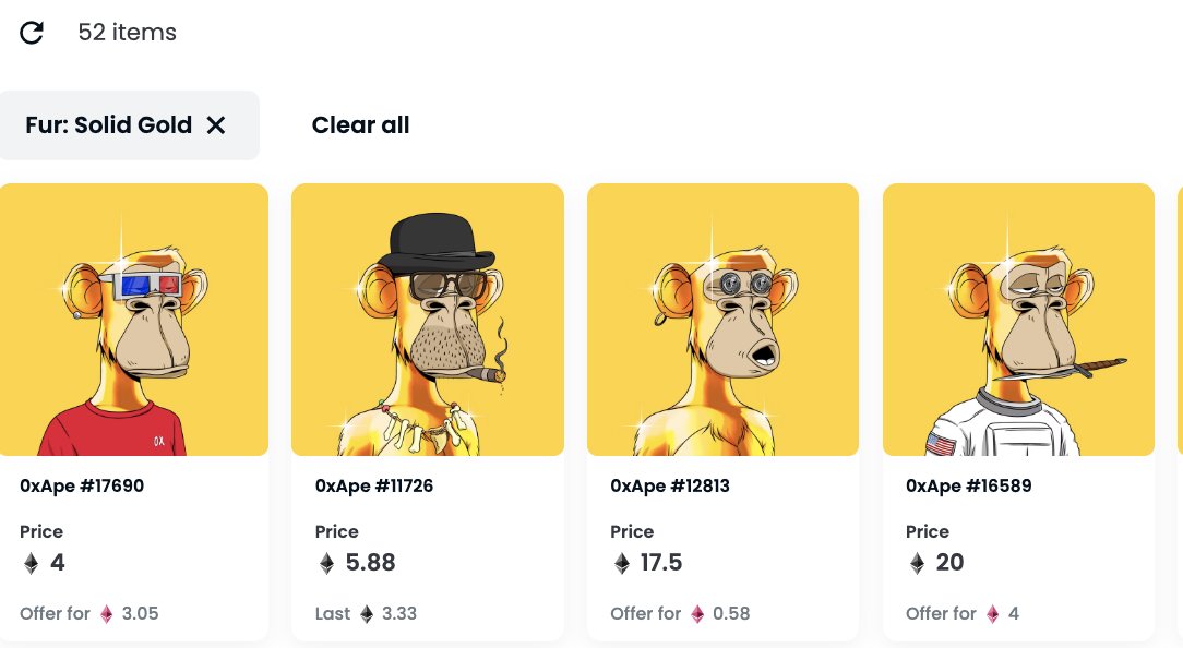 Two <a href="/0xApes_NFT/">0xApes</a>  Gold fur sales within the last couple of hours. Only 4 out of 52 gold furs Listed for sales.

4/52 Listed
52/10k Collection

TGC.