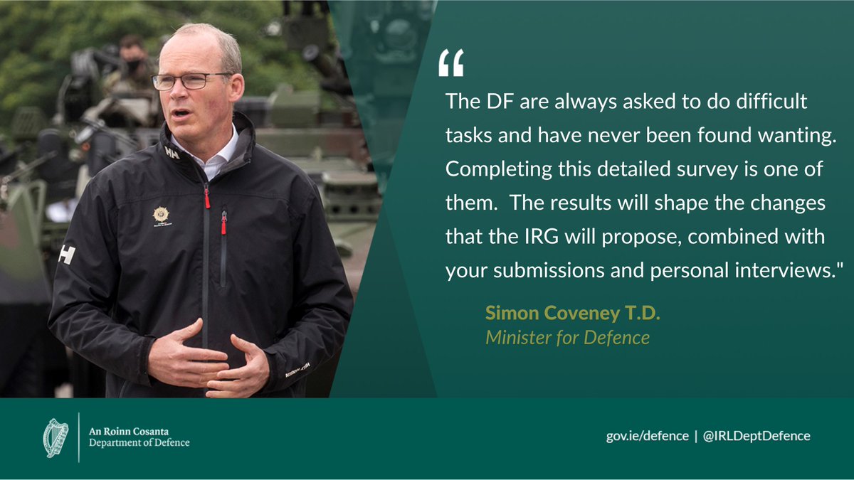 IRLDeptDefence's tweet photo. Minister @simoncoveney is encouraging serving members of @defenceforces, to take the opportunity to participate in IRGโs important benchmark survey of perceptions and experiences over the last 20 years.
Link to survey here: https://t.co/FnrCyxnEBC https://t.co/br3dEUdxLI